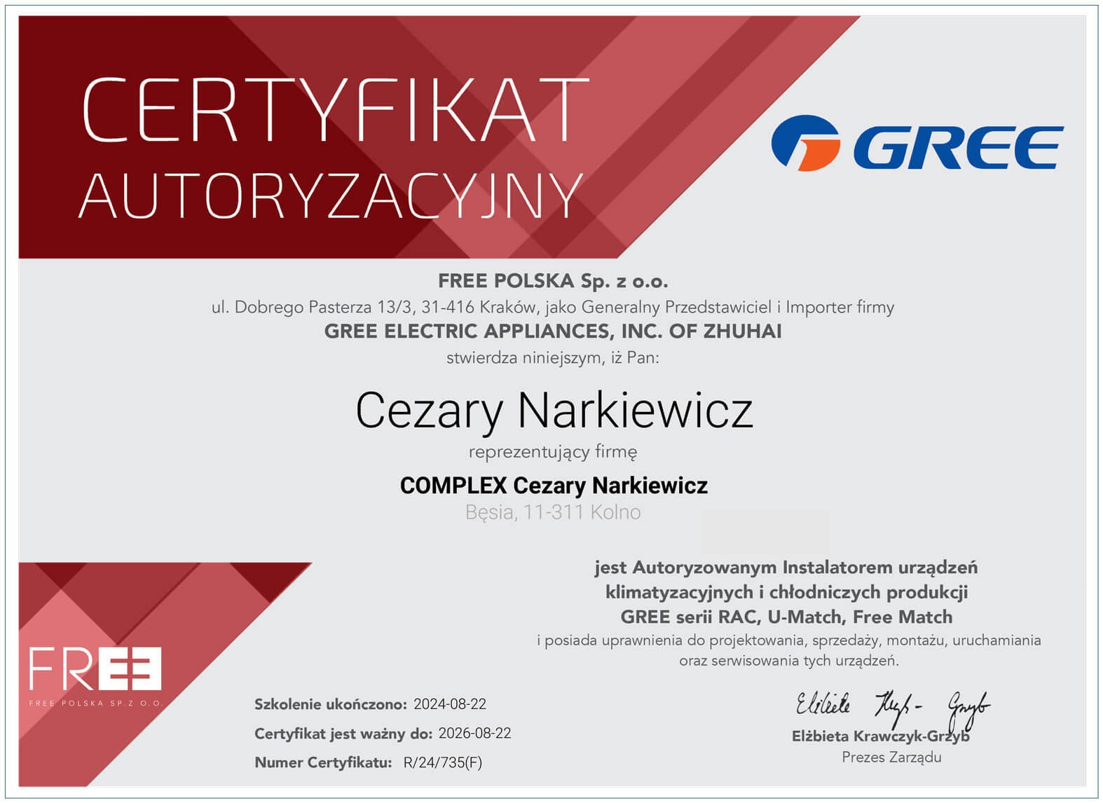 Autoryzowany Instalator GREE - RAC, U-Match, Free Match