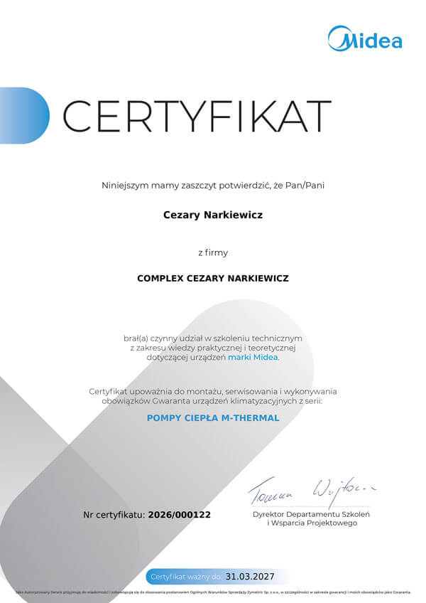 Certyfikat Midea - pompy ciepła M-Thermal