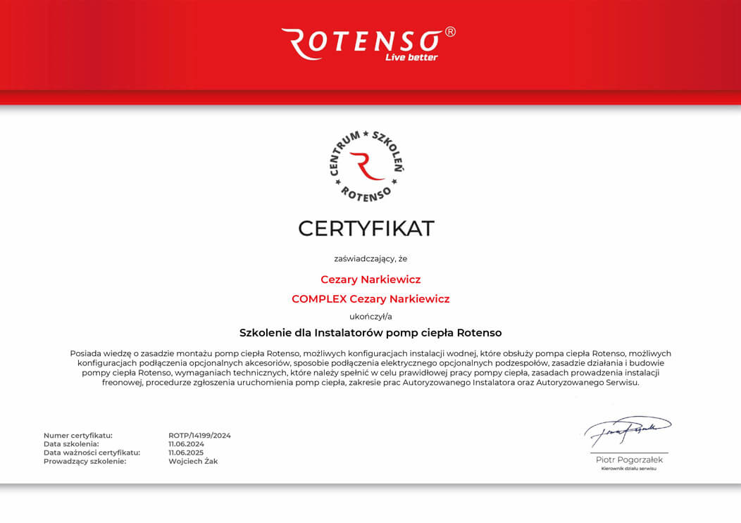 Autoryzowany Instalator pomp ciepła Rotenso