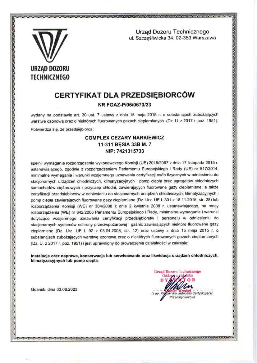 Certyfikat F-gazowy dla przedsiębiorców